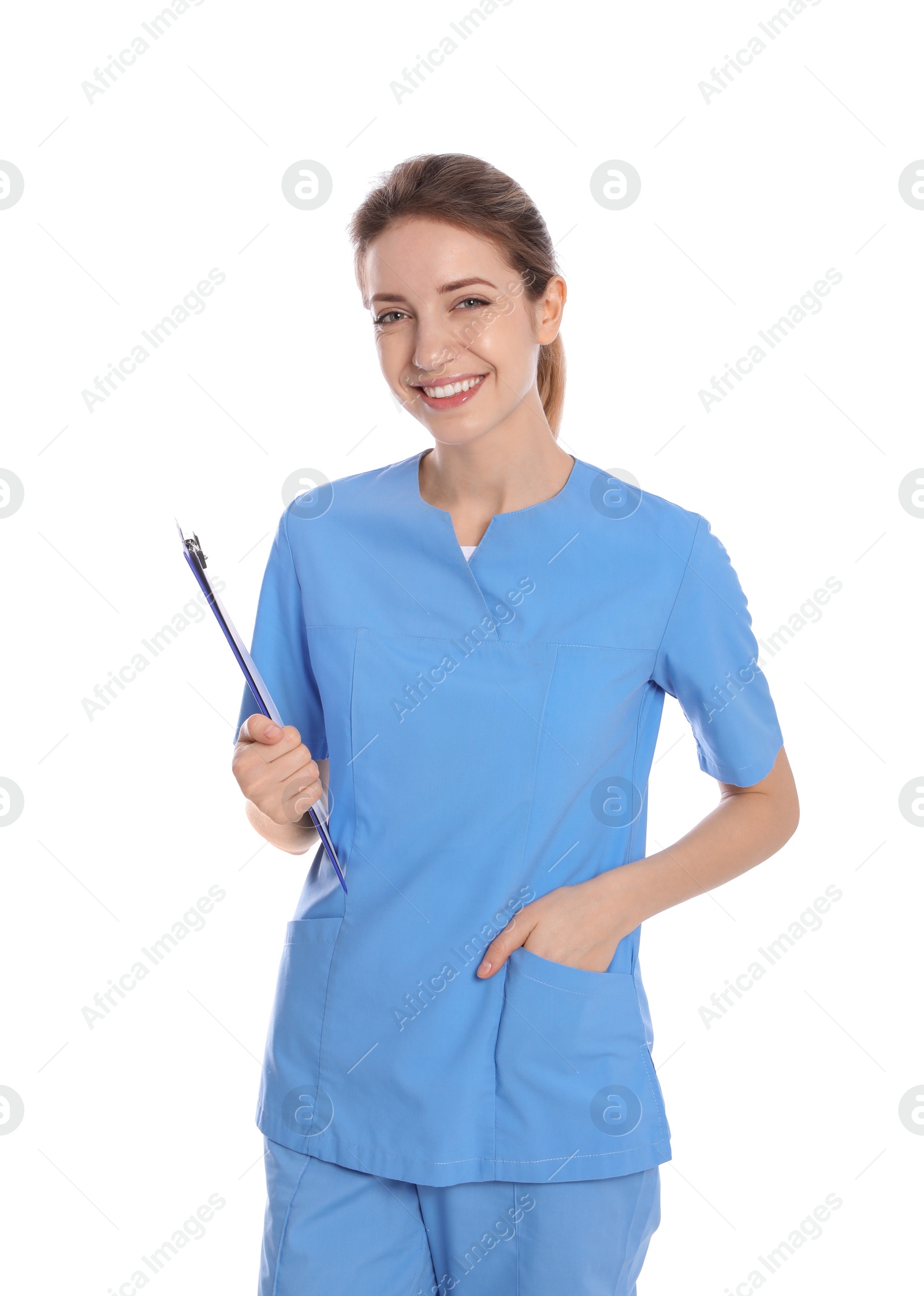 Photo of Portrait of medical doctor with clipboard isolated on white