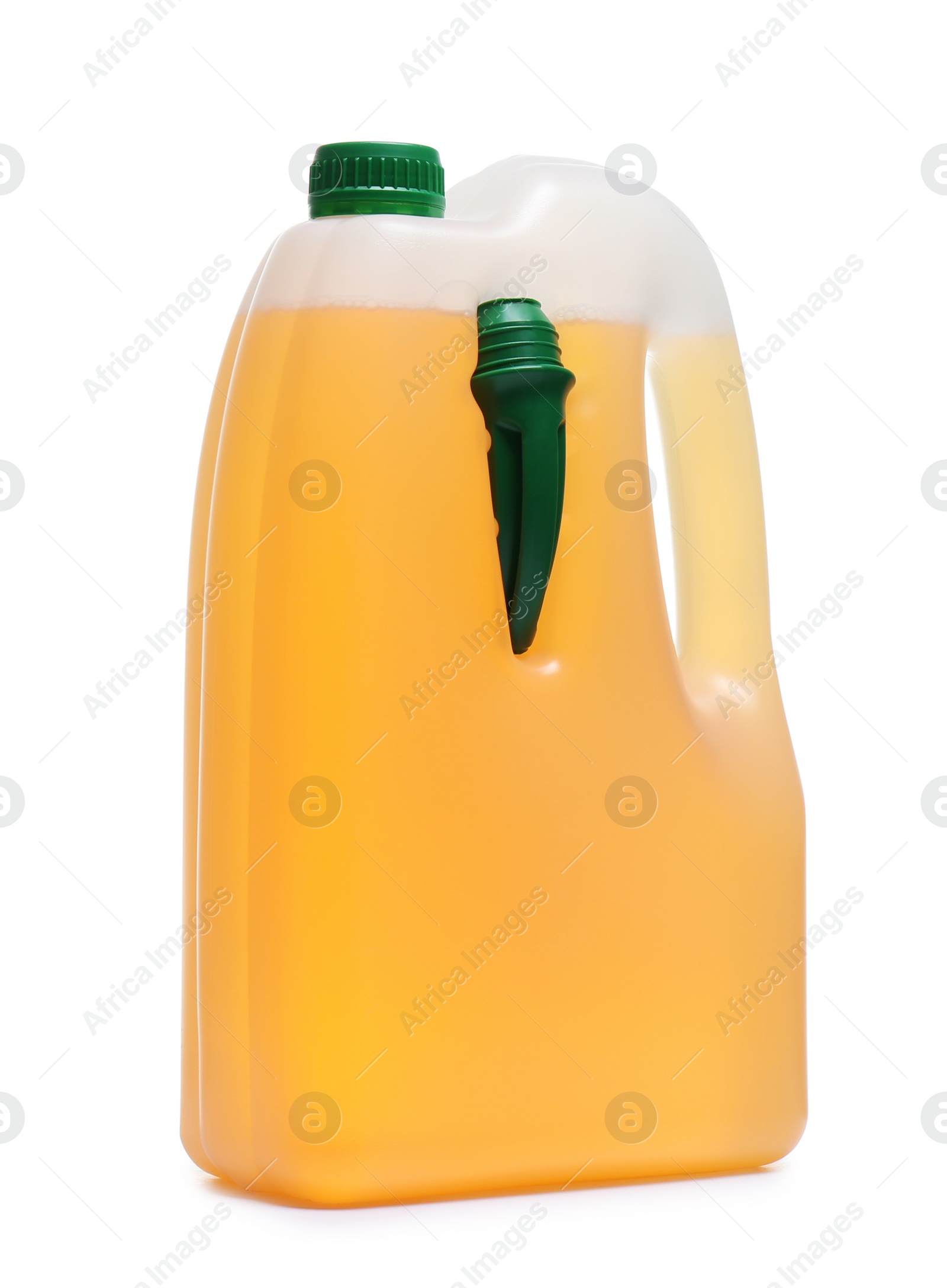 Photo of Plastic canister with liquid for car on white background