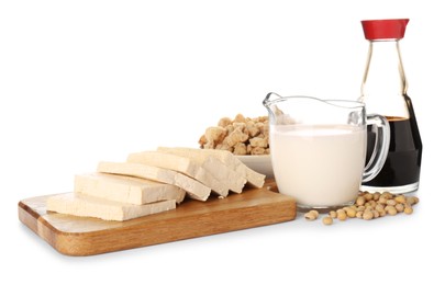 Photo of Different natural soy products on white background