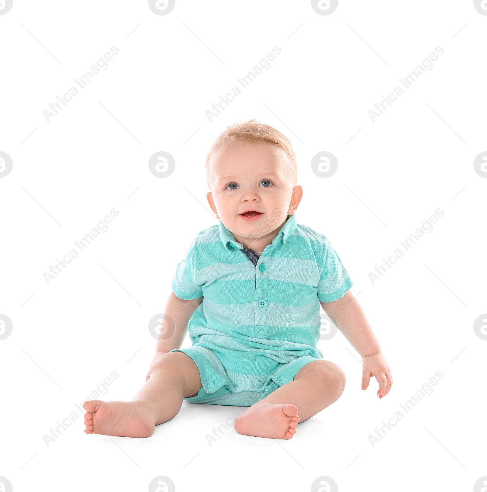 Photo of Cute little baby on white background. Crawling time