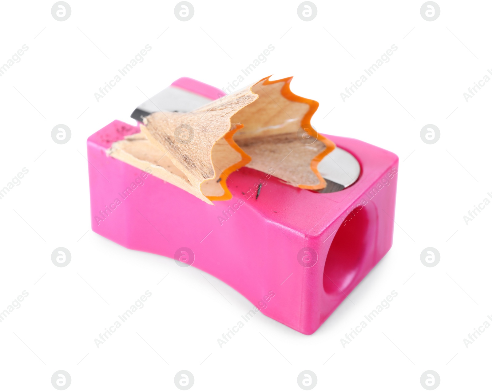 Photo of Pink sharpener with pencil shavings on white background