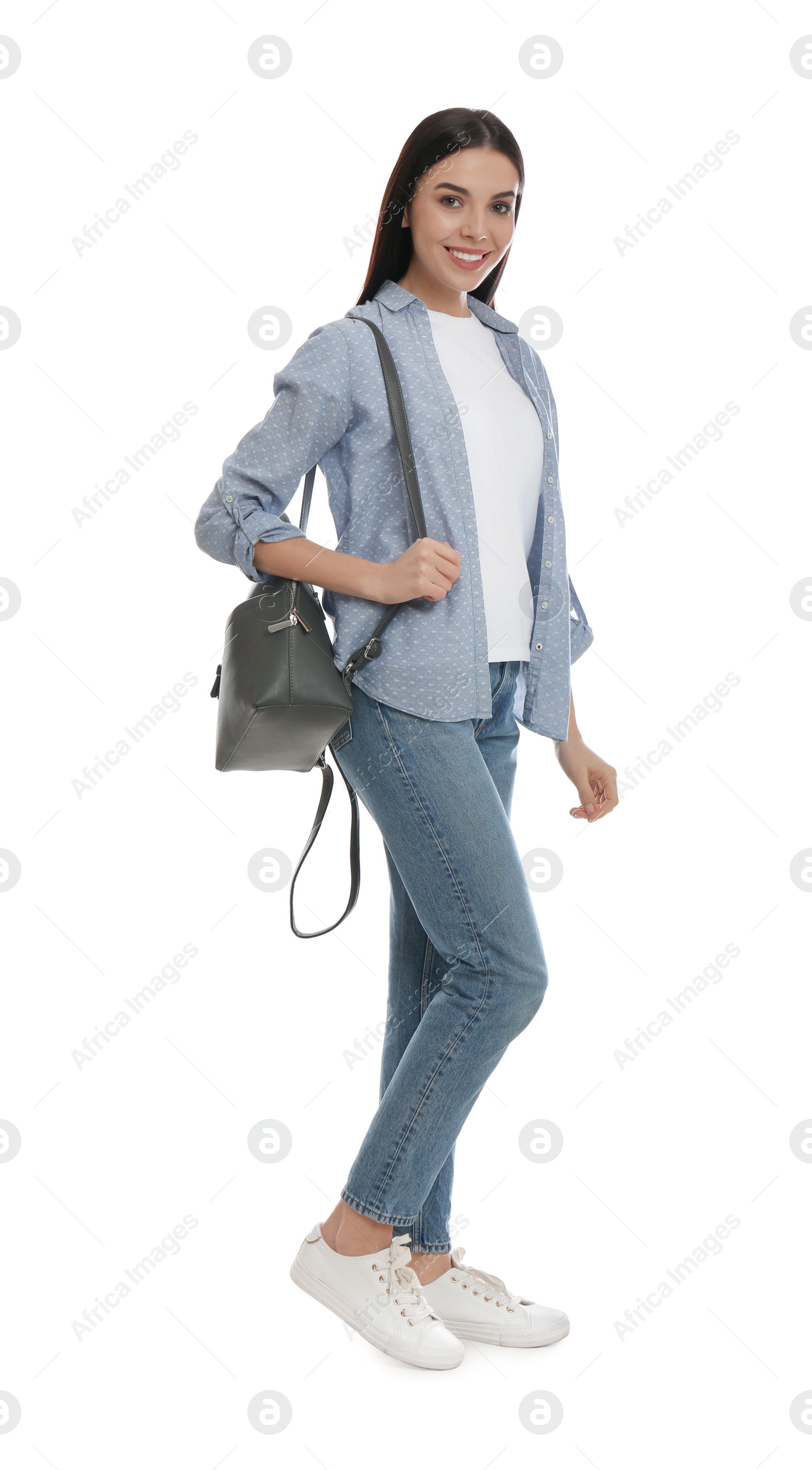 Photo of Young woman with stylish backpack on white background