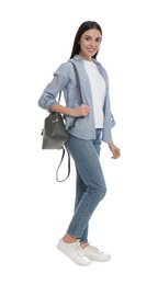 Photo of Young woman with stylish backpack on white background