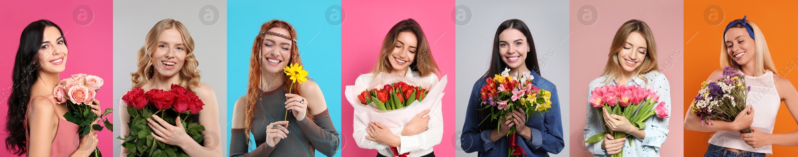 Image of 8 March - Happy Women's Day. Charming ladies with beautiful flowers on different colors backgrounds, collage