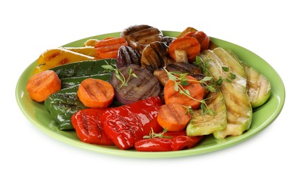 Photo of Different delicious grilled vegetables on white background