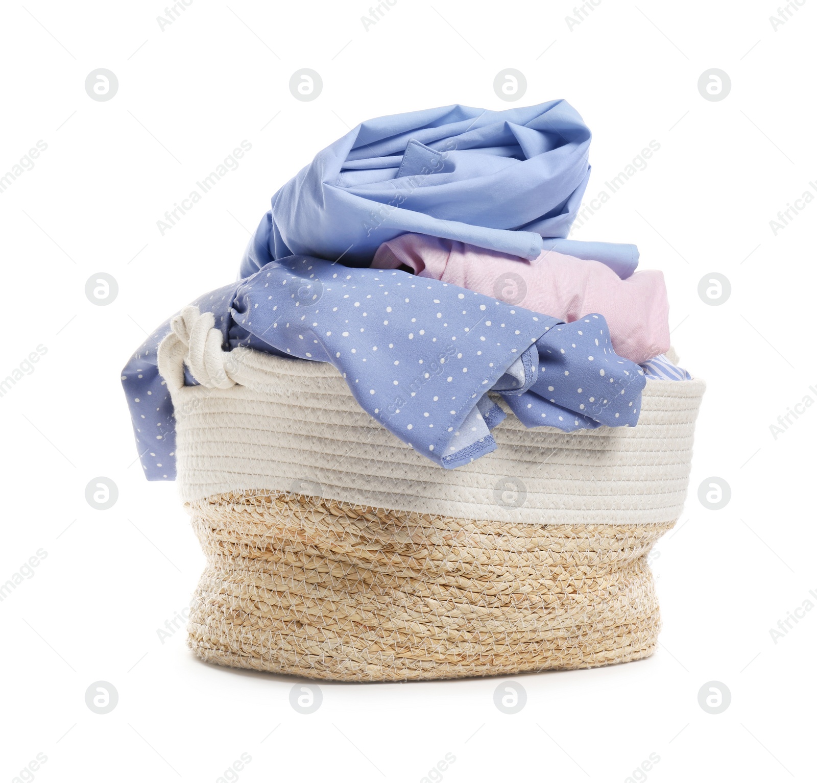 Photo of Wicker laundry basket full of clothes isolated on white