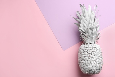Photo of White pineapple on color background, top view with space for text. Creative concept