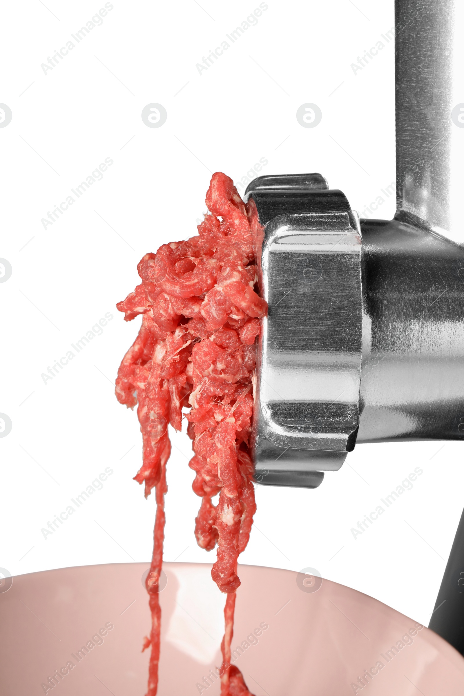 Photo of Electric meat grinder with beef mince isolated on white