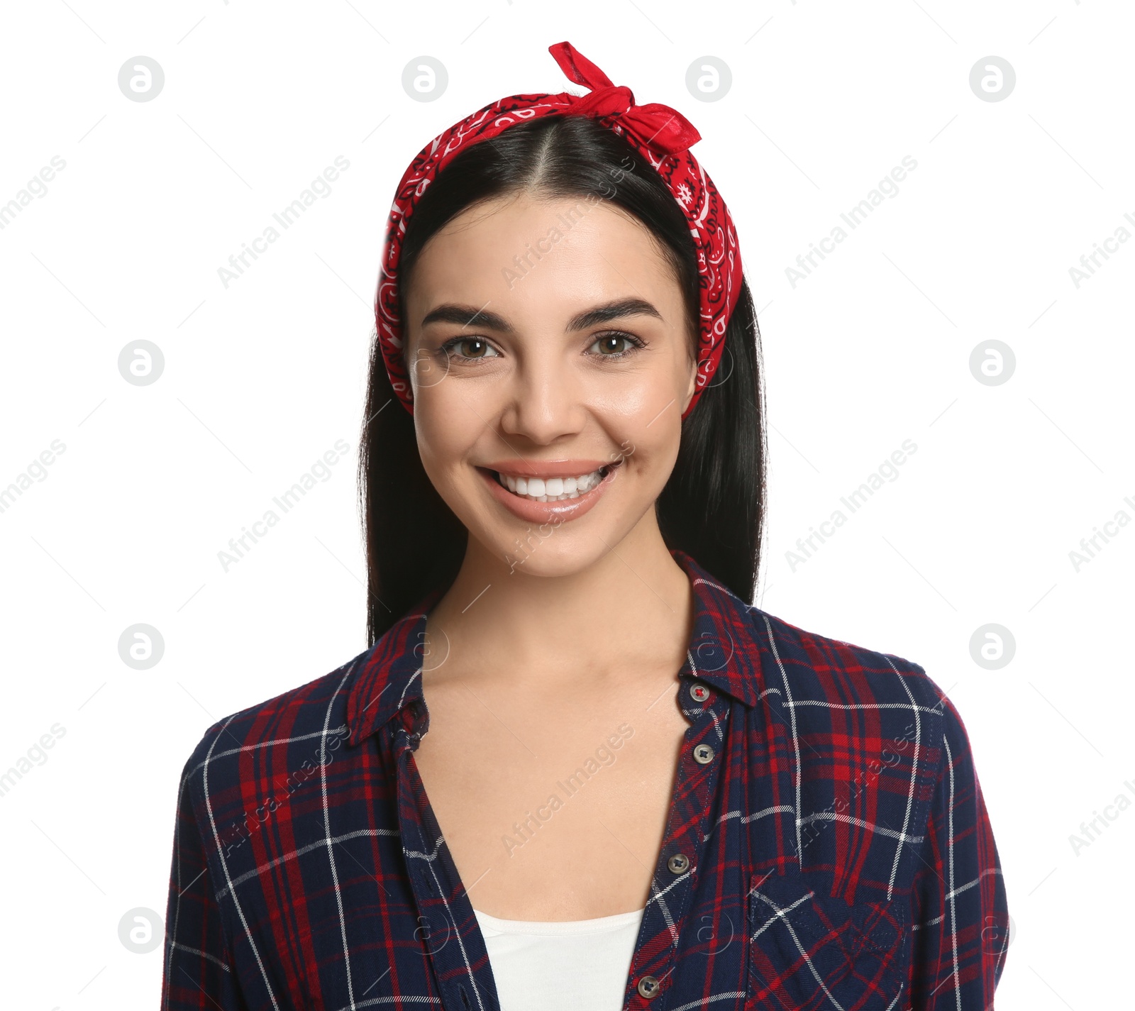 Photo of Fashionable young woman in stylish outfit with bandana on white background