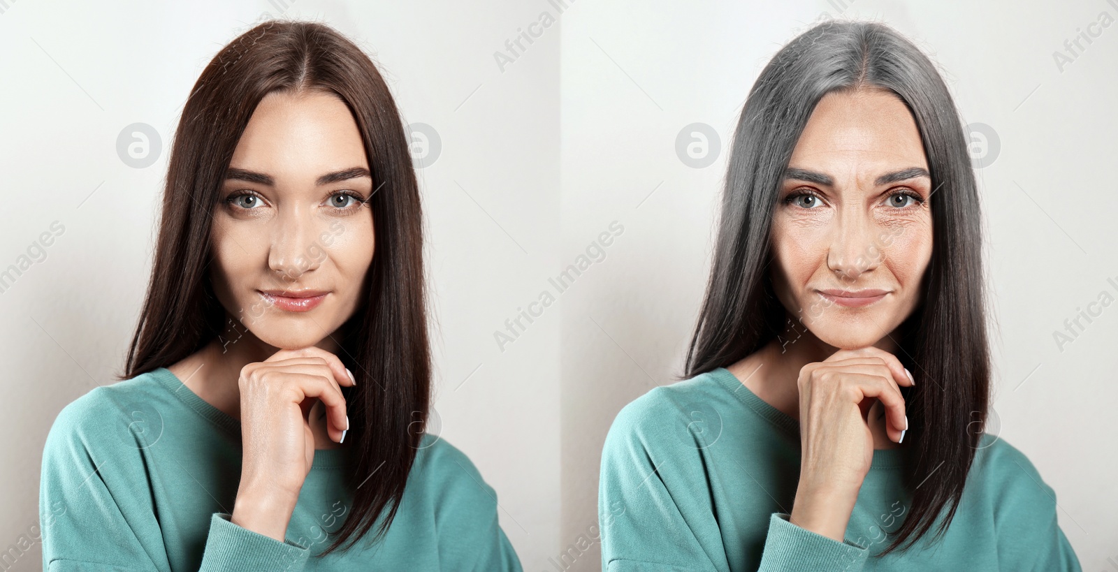 Image of Collage with photos of woman in different ages on light background