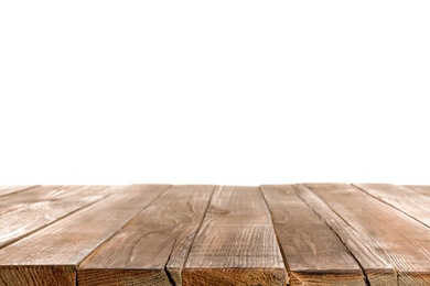 Empty wooden table surface on white background