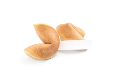 Photo of Traditional fortune cookies with prediction on white background