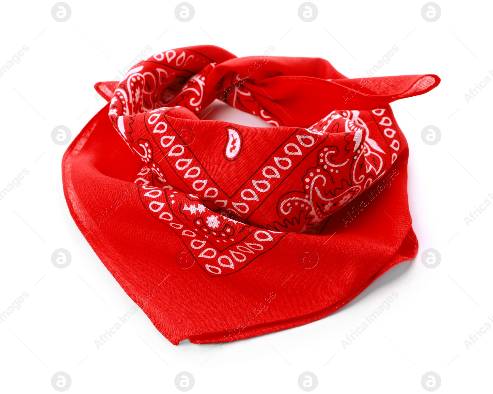 Photo of Tied red bandana with paisley pattern isolated on white