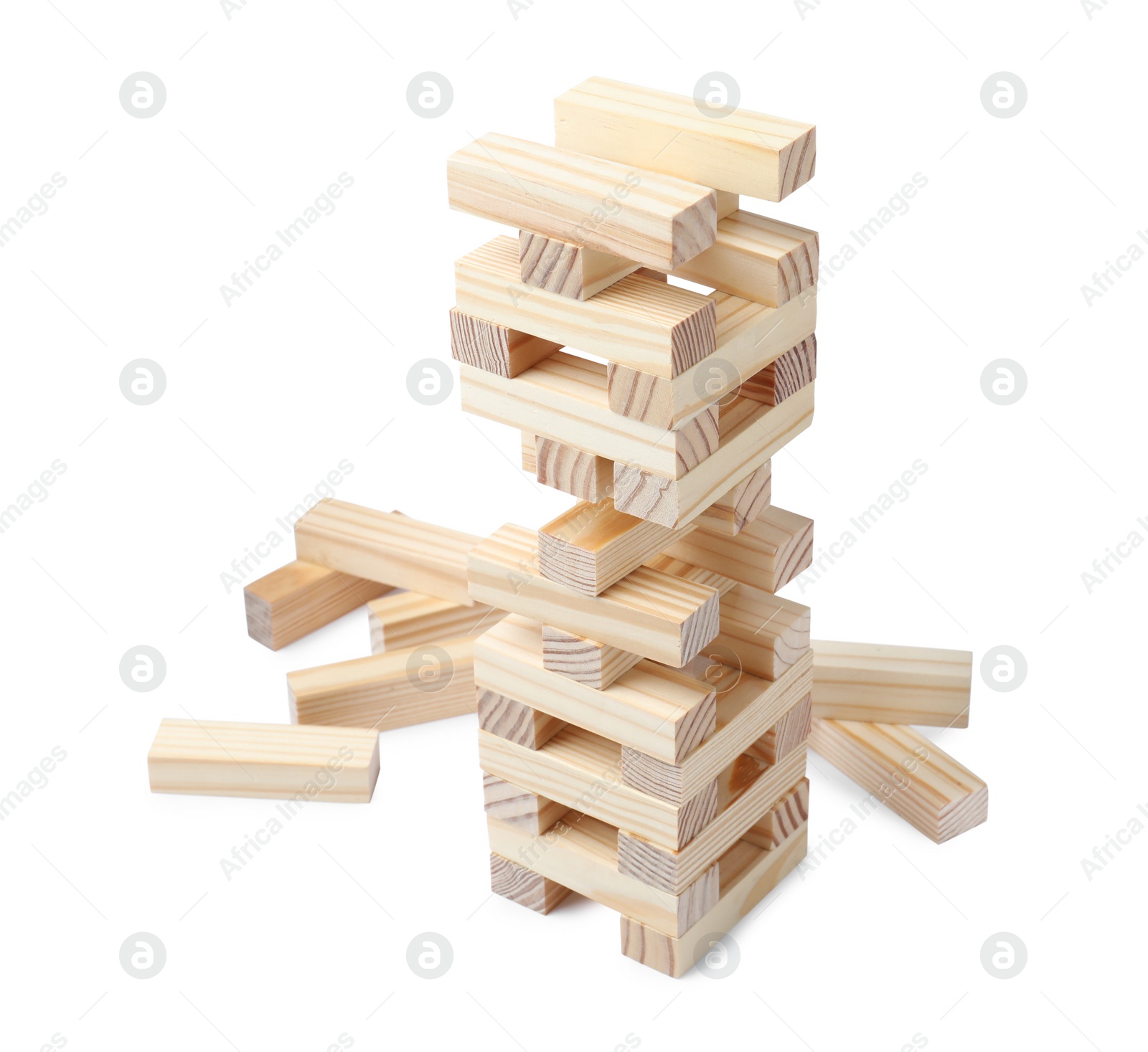 Photo of Jenga tower made of wooden blocks on white background