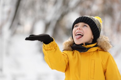 Photo of Cute little boy having fun in snowy park on winter day