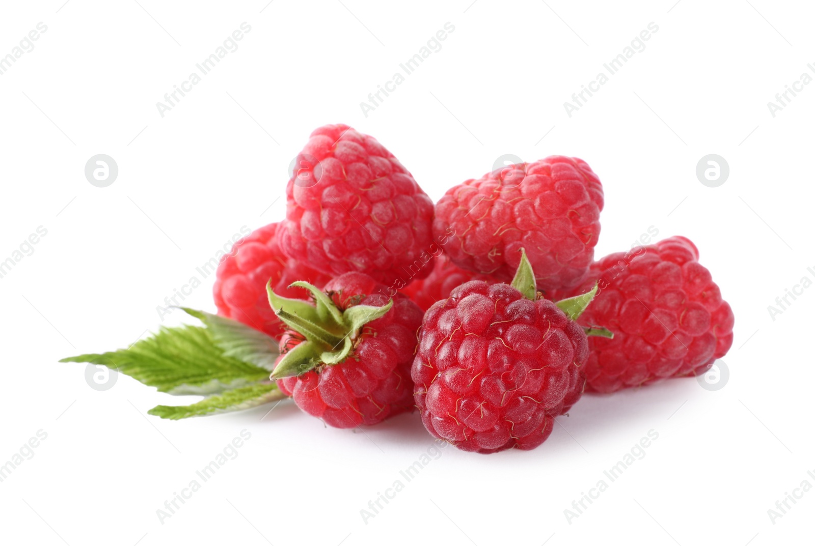 Photo of Pile of fresh ripe raspberries with leaves isolated on white