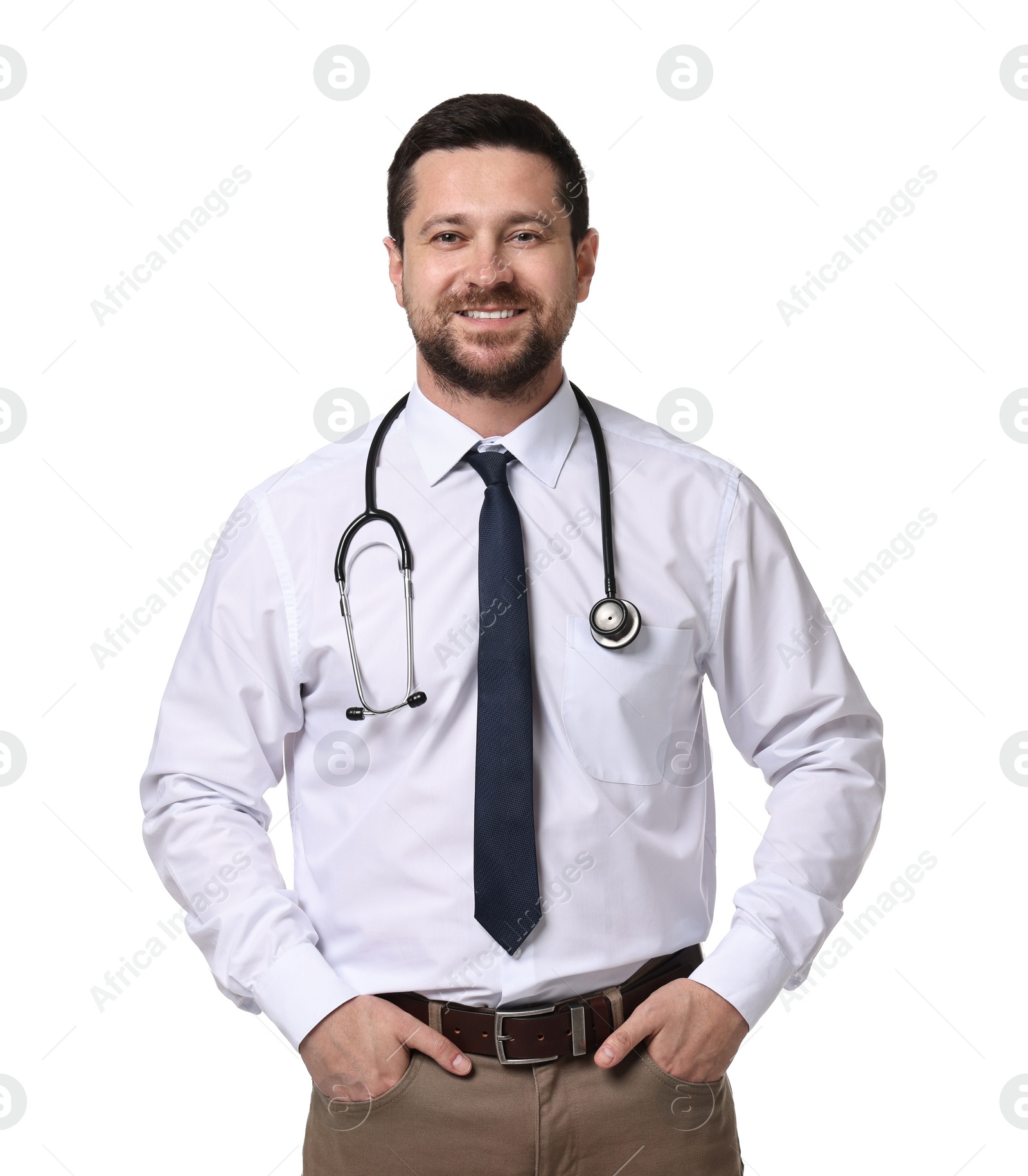 Photo of Portrait of happy doctor with stethoscope on white background