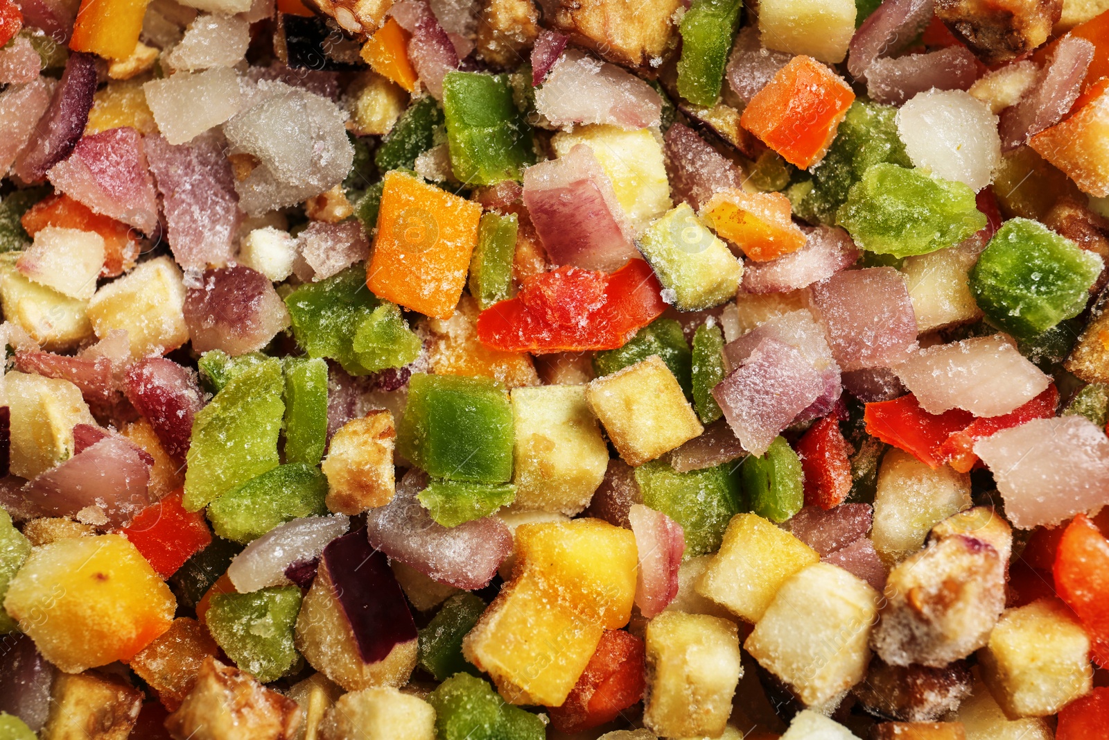 Photo of Frozen vegetable mix as background, closeup view