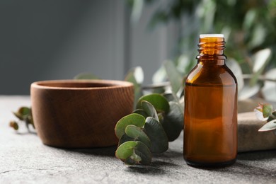 Photo of Bottle of eucalyptus essential oil, bowl and plant branches on light grey table, space for text