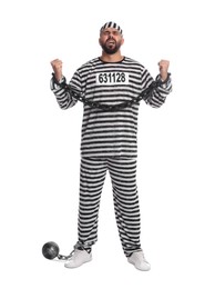 Photo of Prisoner in special uniform with chained hands and metal ball on white background