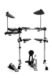 Photo of Modern electronic drum kit on white background. Music instrument