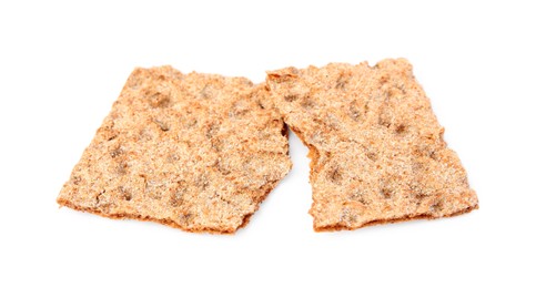 Photo of Fresh broken crispbread on white background. Healthy snack