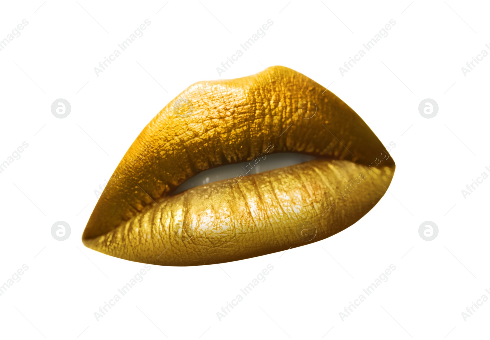 Image of Beautiful lips with shiny golden lipstick on white background