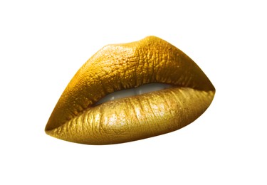 Image of Beautiful lips with shiny golden lipstick on white background