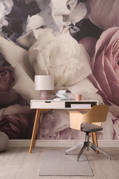 Photo of Stylish floral room interior with modern desk