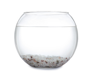 Photo of Glass fish bowl with clear water and decorative pebble isolated on white