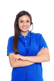 Female technical support operator with headset on white background