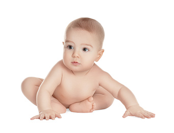 Photo of Cute healthy little baby on white background