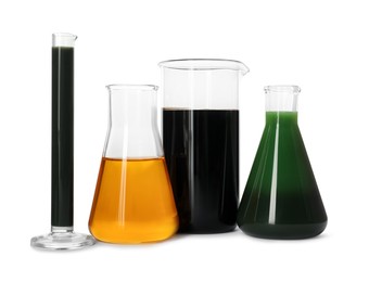 Photo of Beaker, test tube and flasks with different types of oil isolated on white