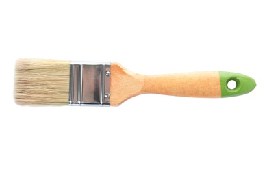 Photo of Paint brush with wooden handle on white background