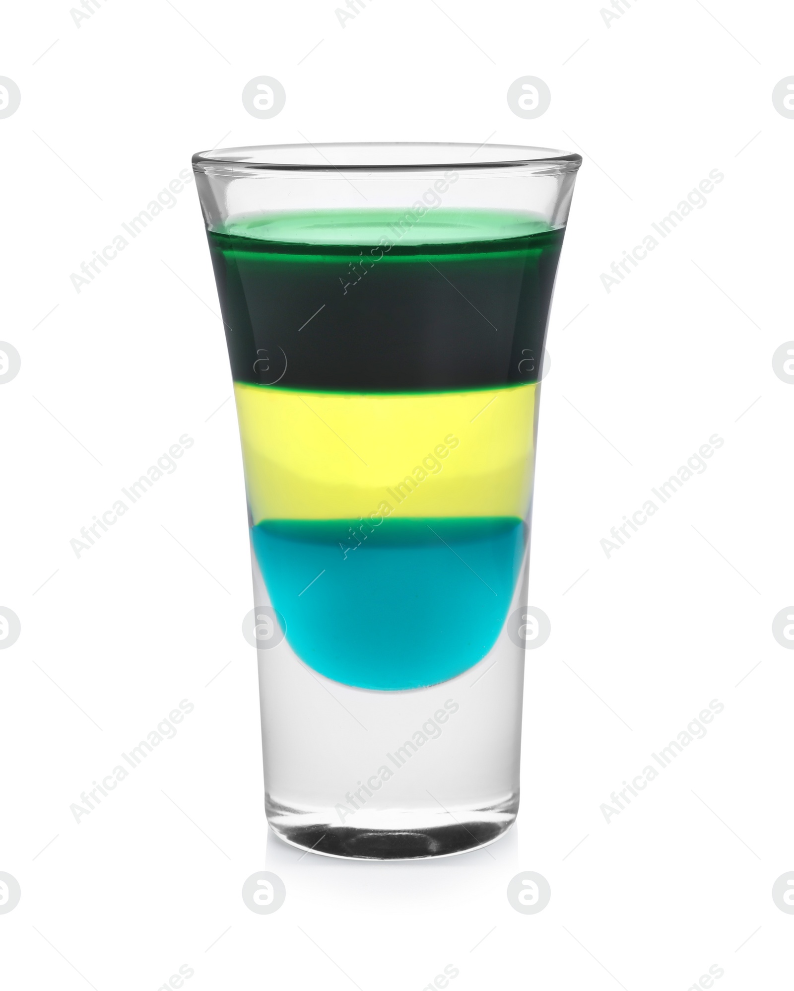 Photo of Shooter in shot glass isolated on white. Alcohol drink