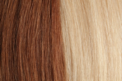 Photo of Strands of different color hair as background, closeup