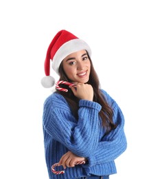 Photo of Beautiful woman in Santa Claus hat holding candy cane on white background