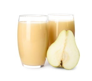 Photo of Tasty pear juice and fruit isolated on white