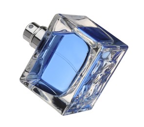 Photo of Blue men's perfume in bottle isolated on white