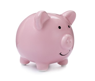 Photo of Pink piggy bank on white background. Money saving