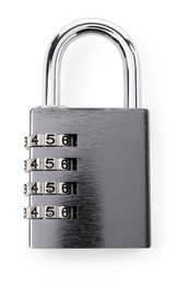 Photo of Steel combination padlock isolated on white, top view