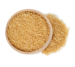 Photo of Brown sugar in bowl isolated on white, top view