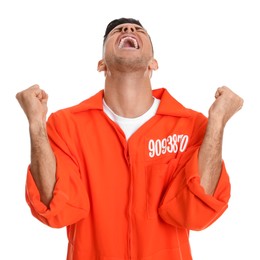 Photo of Emotional prisoner in orange jumpsuit on white background