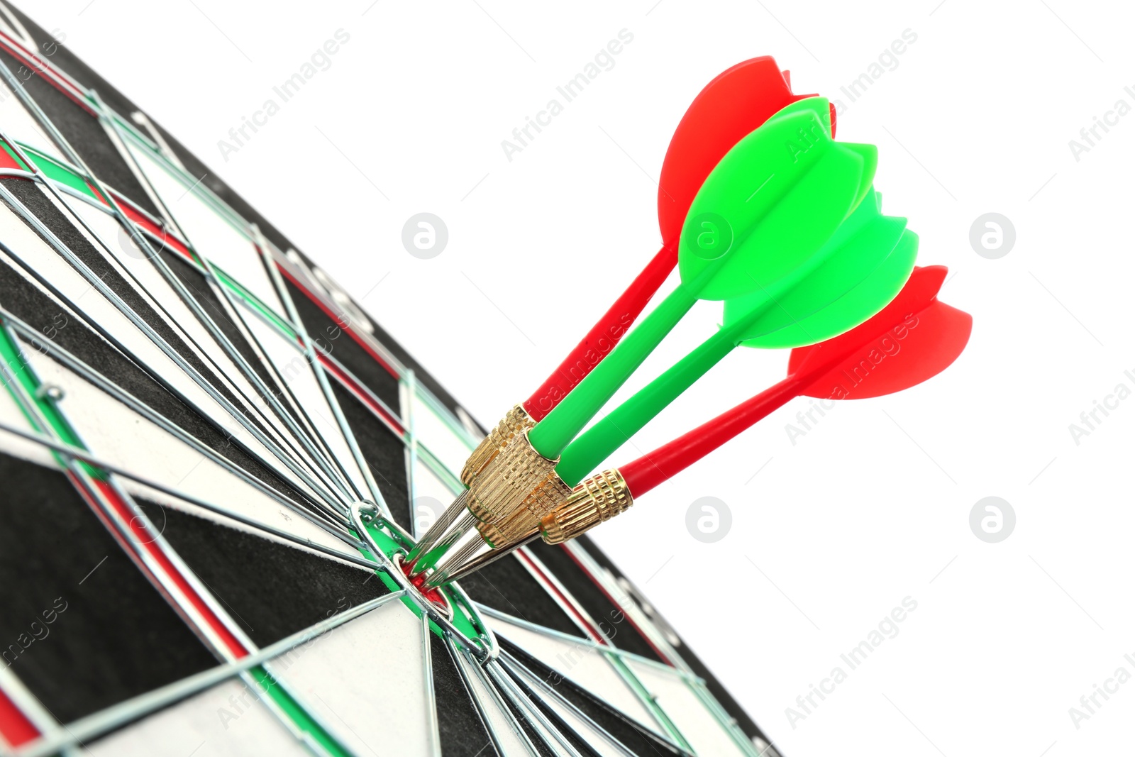 Photo of Dart board with color arrows hitting target, closeup