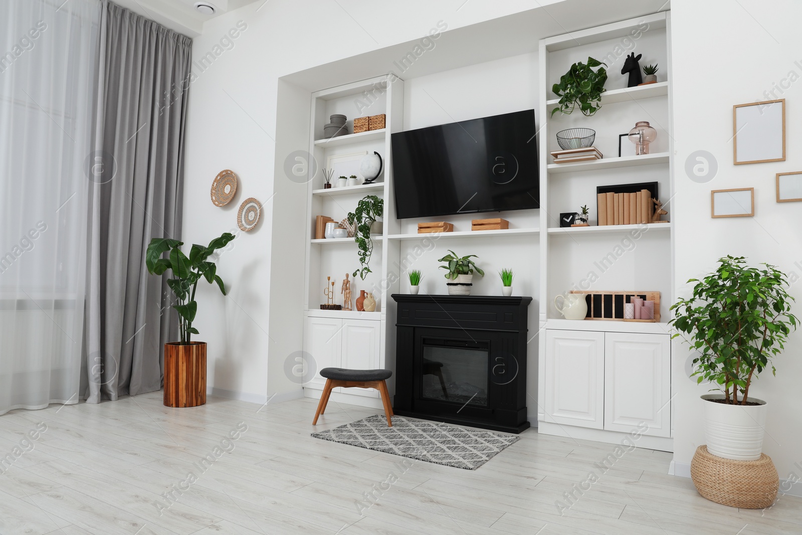 Stylish room interior with beautiful fireplace, TV set and shelves with decor and houseplants Photo of Stylish room interior with beautiful fireplace, TV set and shelves with decor and houseplants