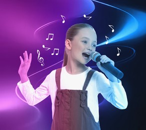 Image of Singer's performance poster. Little girl with microphone on bright background