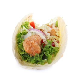 Photo of Yummy fish taco with onion isolated on white