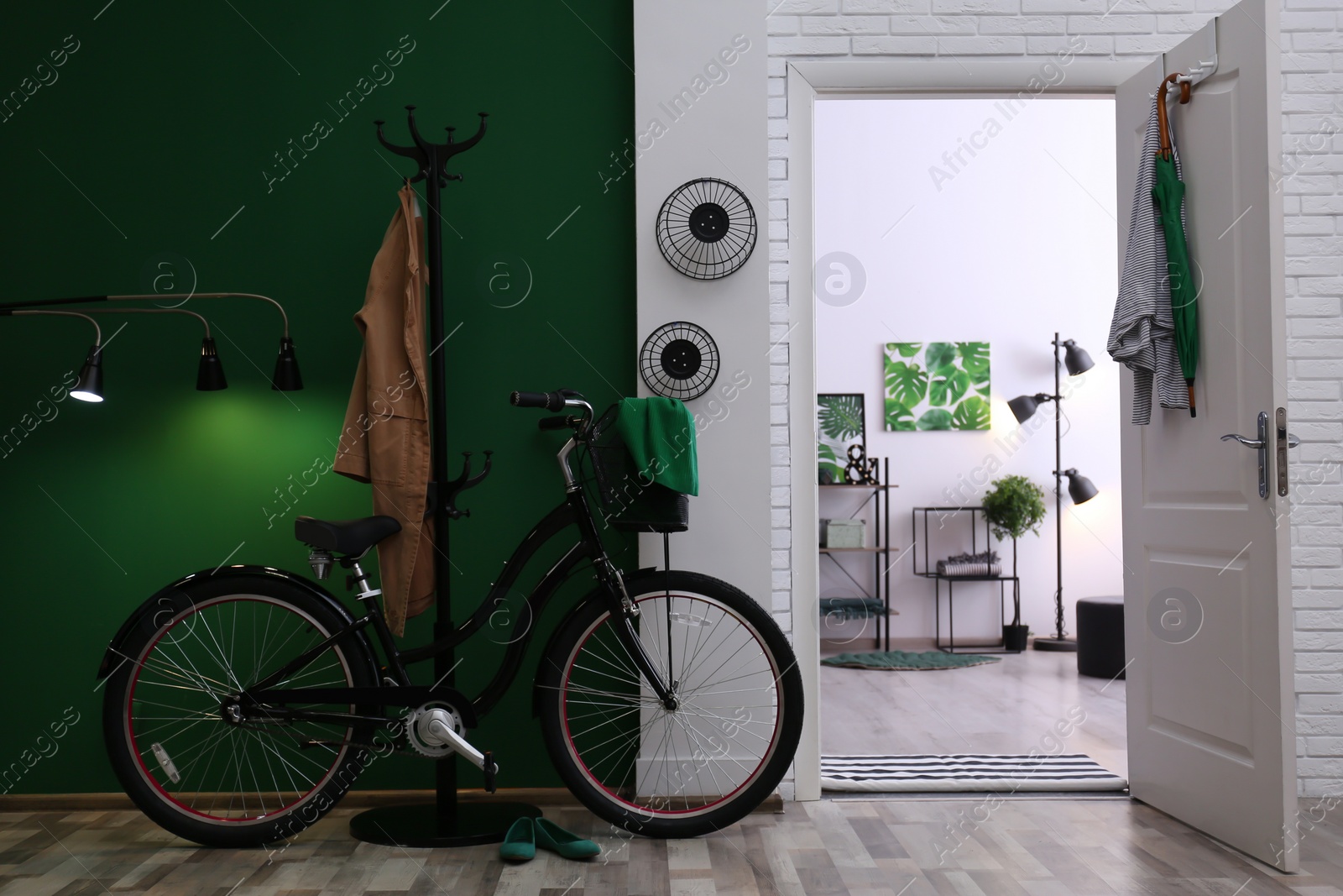 Stylish hallway with modern bicycle. Idea for interior decor Photo of Stylish hallway with modern bicycle. Idea for interior decor