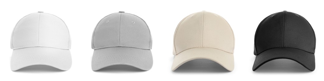 Image of Set with different baseball caps on white background. Mock up for design