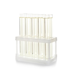 Holder with test tubes on white background. Laboratory analysis